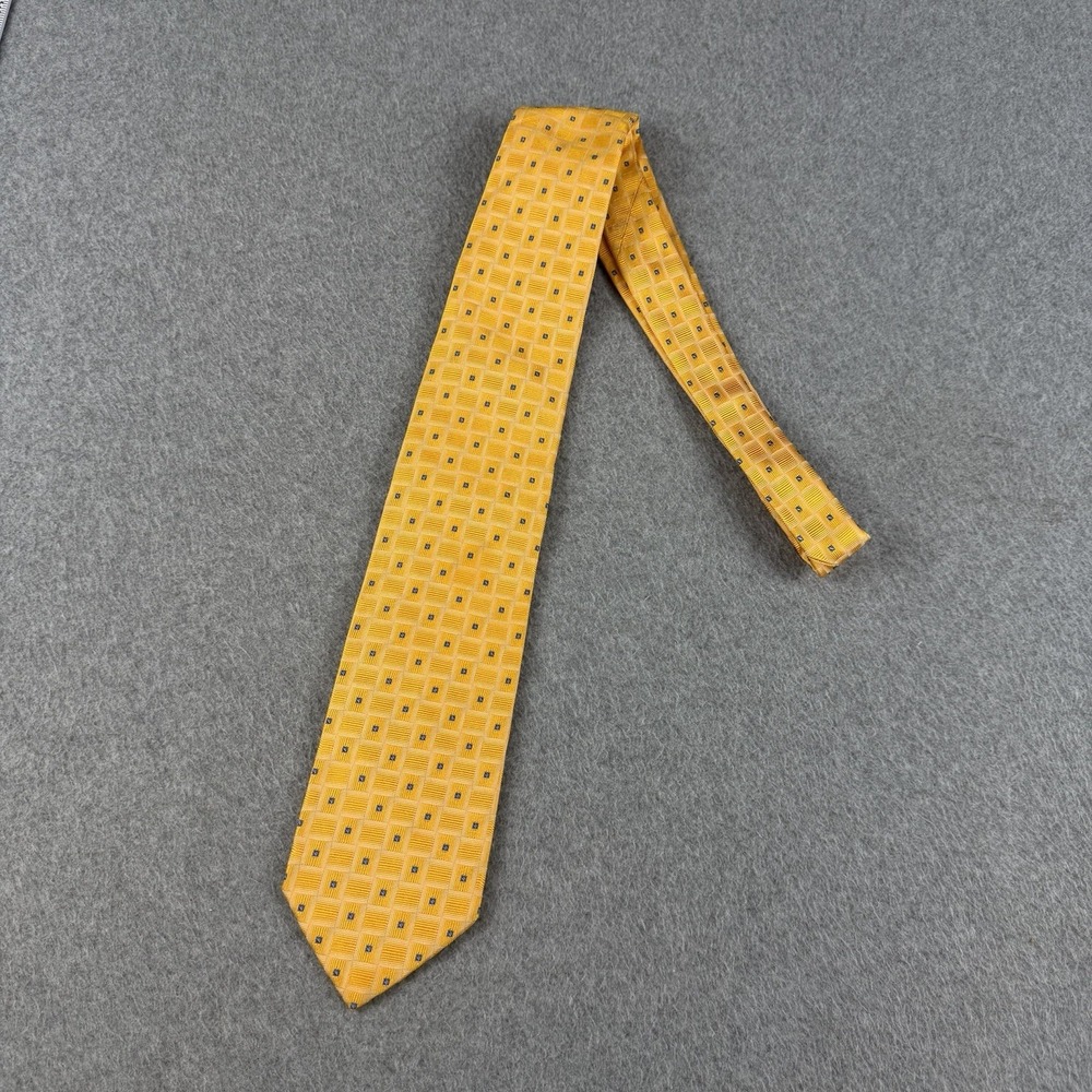 Gladson Italy Gold Blue Geometric Check Silk Men's Neck Tie Wide 59x3.6" - Picture 4 of 7